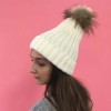 White Rib Knit Pom Pom Beanie Hat