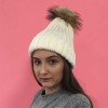 White Rib Knit Pom Pom Beanie Hat