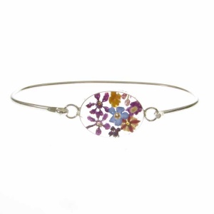 Mixed Flower Oval Silver Bangle