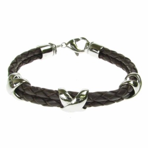 Leather and Stainless Steel 3 Cross Motif Brown Bolo Bracelet