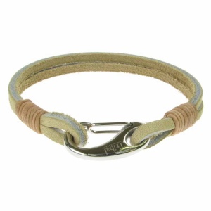 Beige Leather and Stainless Steel 2 Strand Bracelet