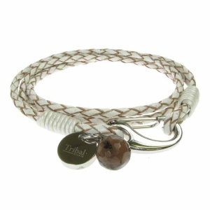 White Leather and Stainless Steel 2 Row Wrap Bracelet