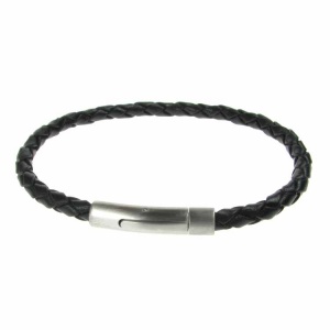 Black Leather and Satin Stainless Steel 4mm Bracelet