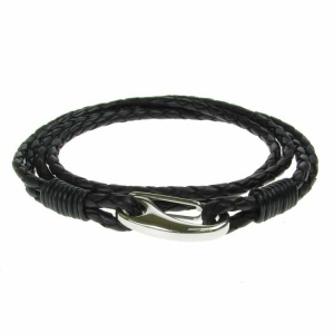 Black Leather and Stainless Steel 2 Row Wrap Bracelet