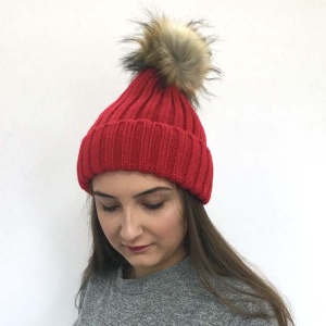 Red Rib Knit Pom Pom Beanie Hat