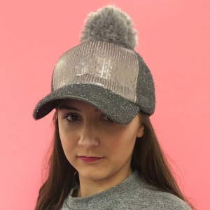 Silver Pom Pom Sequin Cap