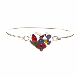 Mixed Flower Heart Silver Bangle