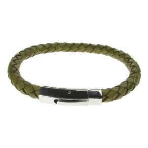 Green Leather and Stainless Steel 6mm Plait Bracelet
