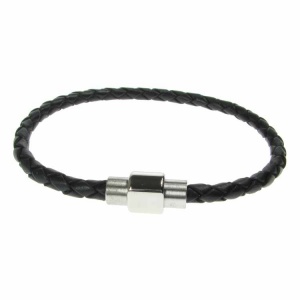 Black Leather and Stainless Steel 4mm Plait Bracelet