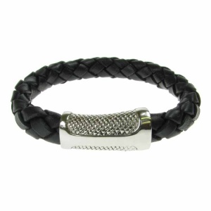 Black Leather and Stainless Steel Sheath Clasp 10mm Bracelet
